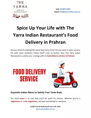 Spice Up Your Life with The Yarra Indian Restaurant’s Food Delivery in Prahran