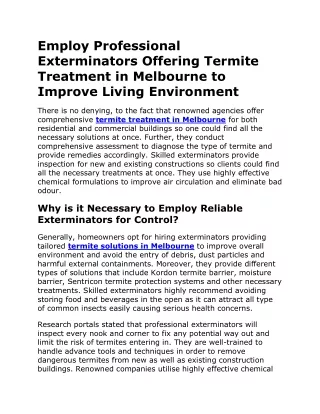 Employ Professional Exterminators Offering Termite Treatment in Melbourne to Improve Living Environment