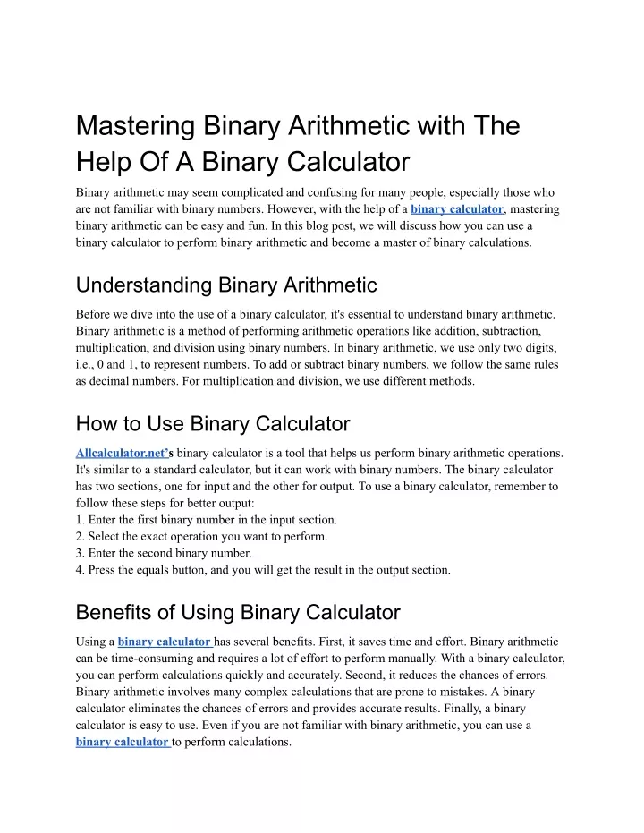 mastering binary arithmetic with the help