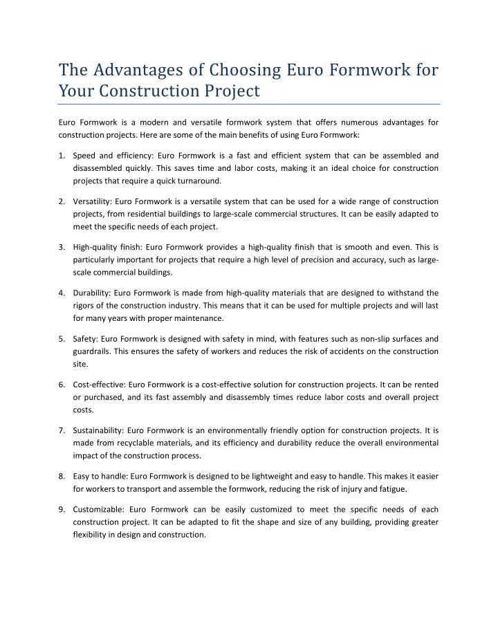 the advantages of choosing euro formwork for your