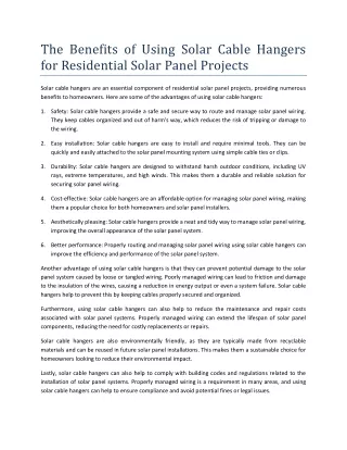 The Benefits of Using Solar Cable Hangers for Residential Solar Panel Projects
