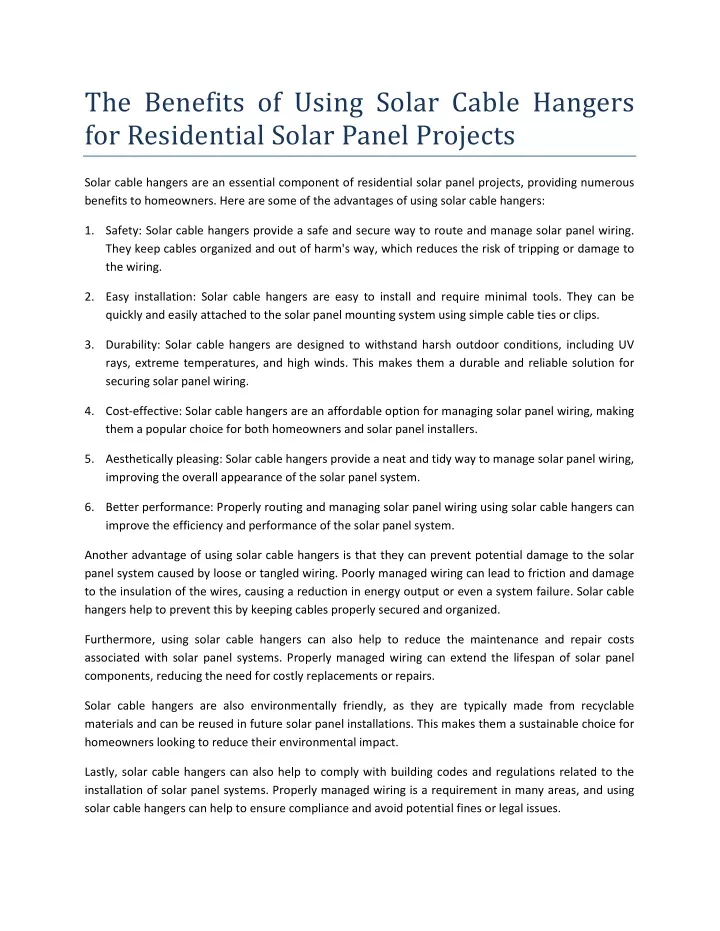 Ppt The Benefits Of Using Solar Cable Hangers For Residential Solar Panel Projects Powerpoint