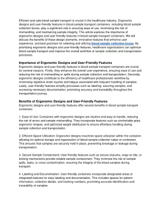 Ergonomic Designs and User-Friendly Features in Blood Sample Transport Containers