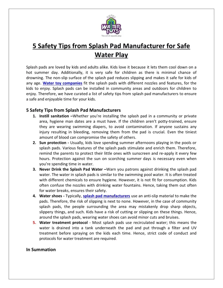 5 safety tips from splash pad manufacturer