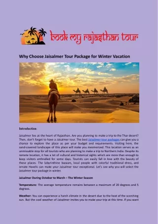Why Choose Jaisalmer Tour Package for Winter Vacation