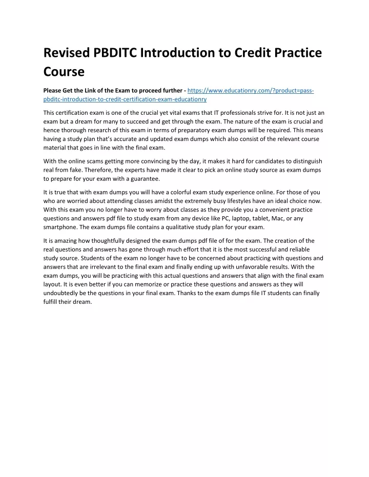 revised pbditc introduction to credit practice