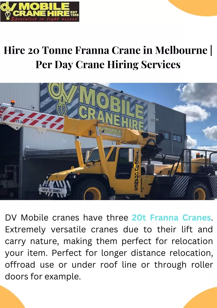 hire 20 tonne franna crane in melbourne