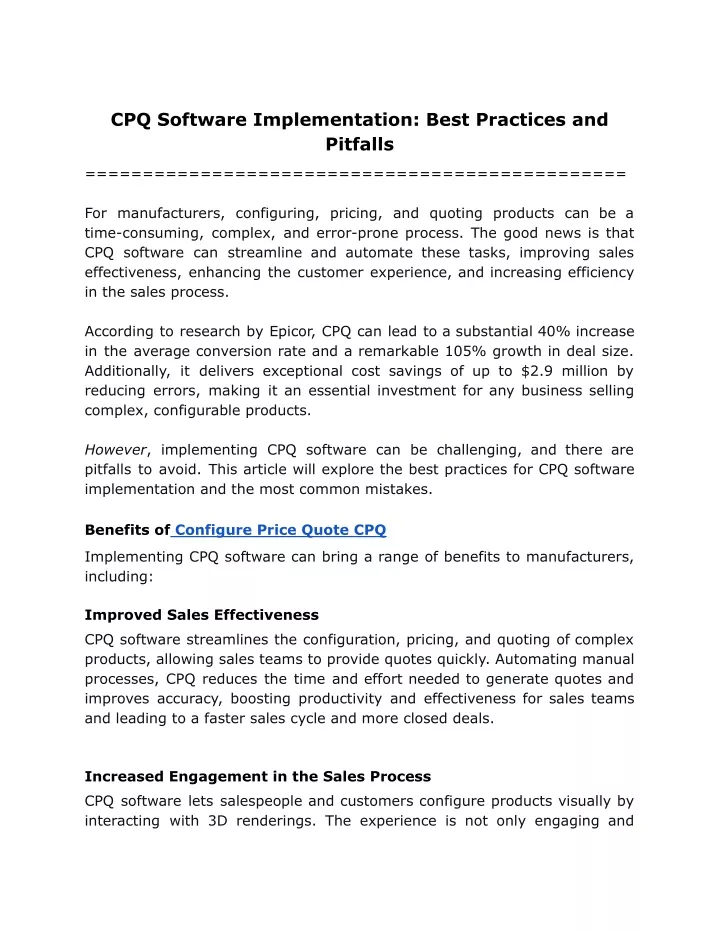 cpq software implementation best practices