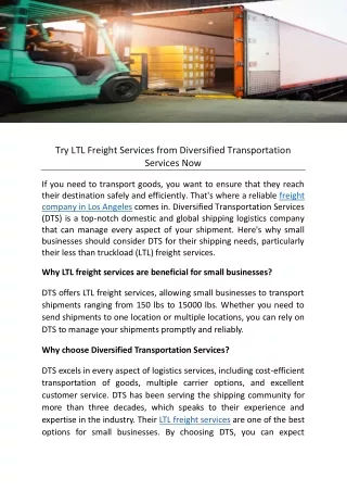 Try LTL Freight Services from Diversified Transportation Services Now