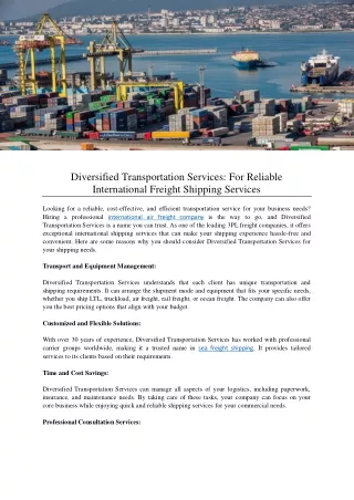 Diversified Transportation Services For Reliable International Freight Shipping Services
