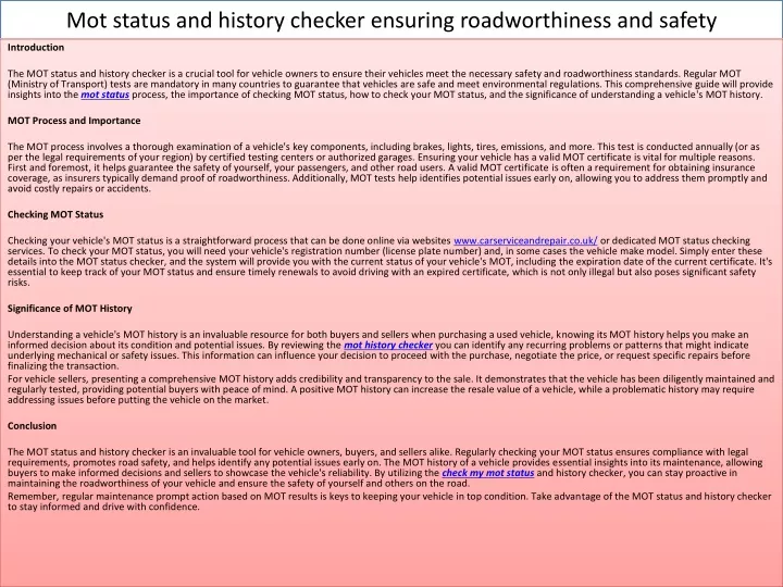 mot status and history checker ensuring roadworthiness and safety