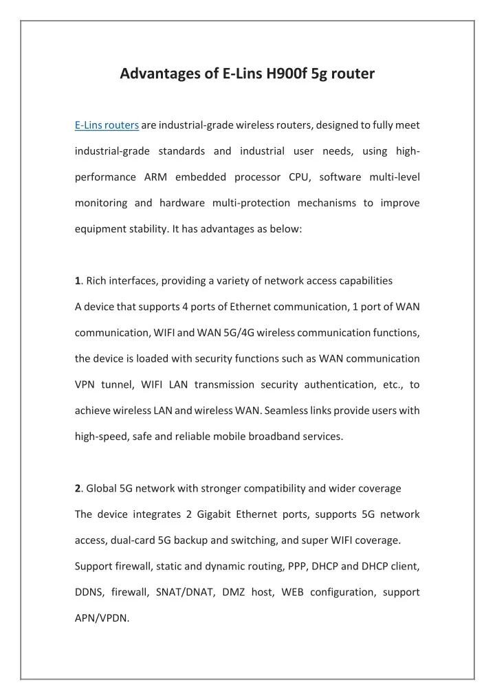 advantages of e lins h900f 5g router