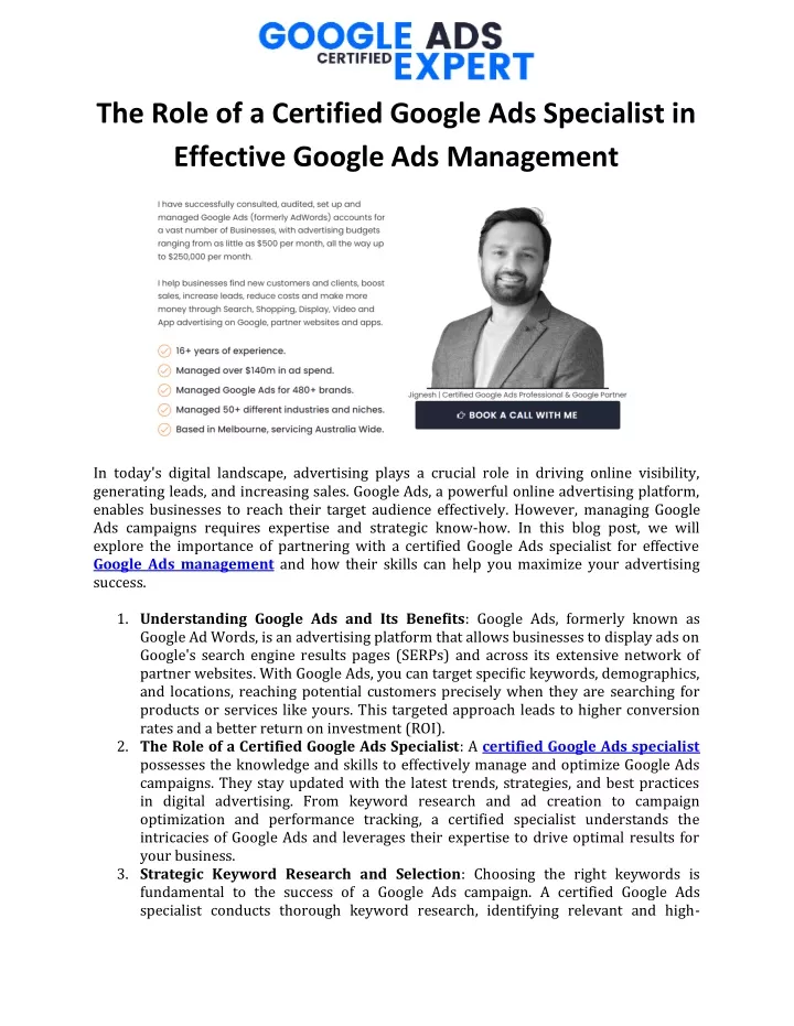 the role of a certified google ads specialist