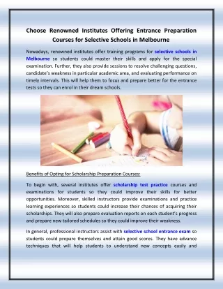 Choose Renowned Institutes Offering Entrance Preparation Courses for Selective Schools in Melbourne