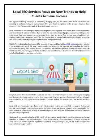 Local SEO Services Focus on New Trends to Help Clients Achieve Success