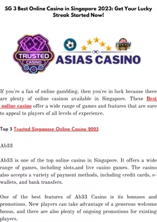 SG 3 Best Online Casino in Singapore 2023 Get Your Lucky Streak Started Now!