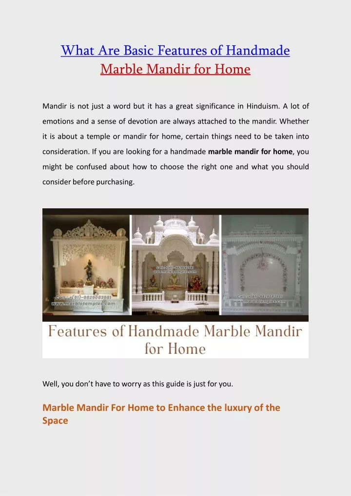 what are basic features of handmade marble mandir for home