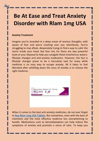 Be At Ease and Treat Anxiety Disorder with Rlam 1mg USA