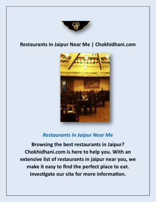 Restaurants In Jaipur Near Me | Chokhidhani.com