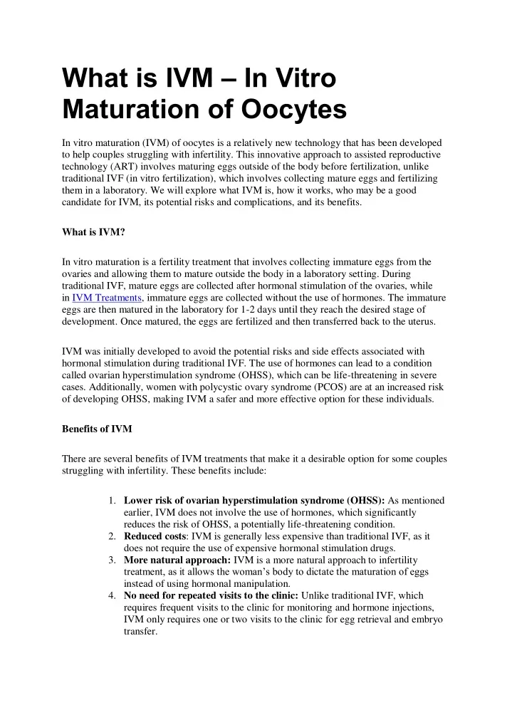 what is ivm in vitro maturation of oocytes