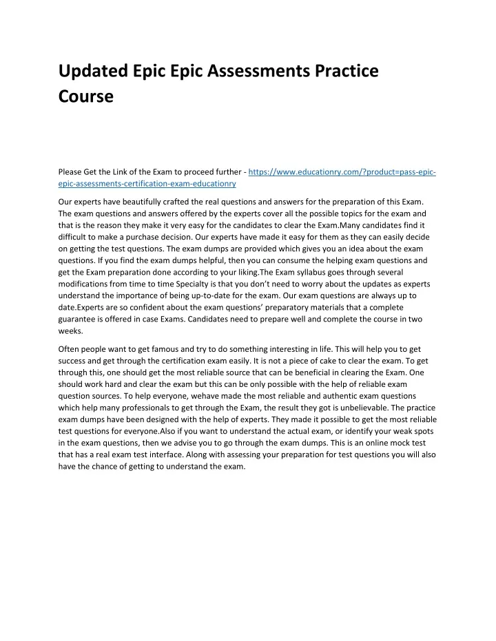 updated epic epic assessments practice course