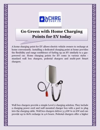 Go Green with Home Charging Points For EV today