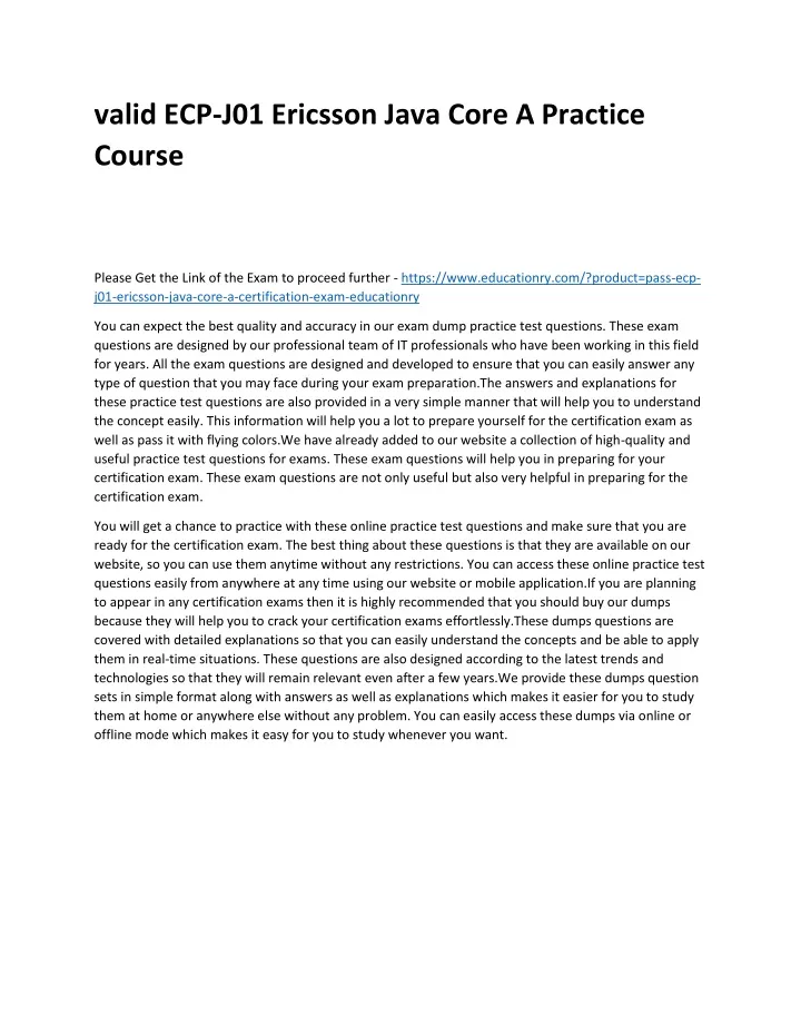 valid ecp j01 ericsson java core a practice course