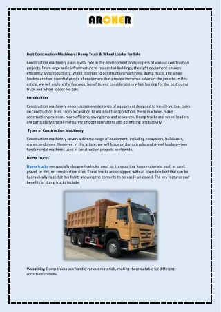 Best Construction Machinery Dump Truck & Wheel Loader for Sale