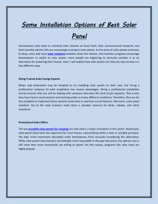 Some Installation Options of Best Solar Panel