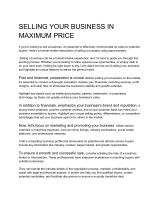 SELLING YOUR BUSINESS IN MAXIMUM PRICE