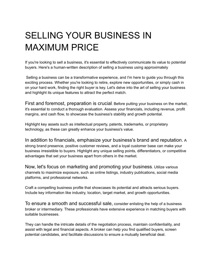 selling your business in maximum price