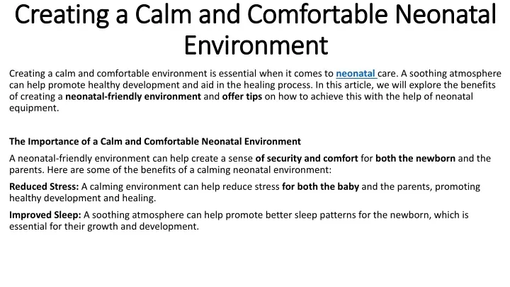 creating a calm and comfortable neonatal environment