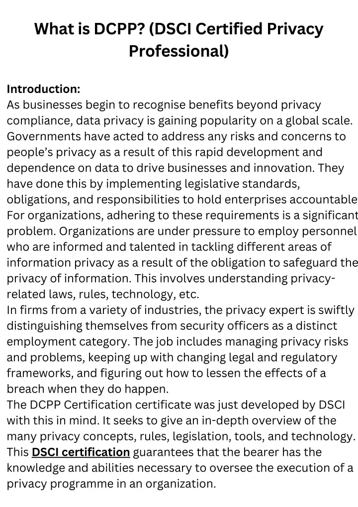 what is dcpp dsci certified privacy professional