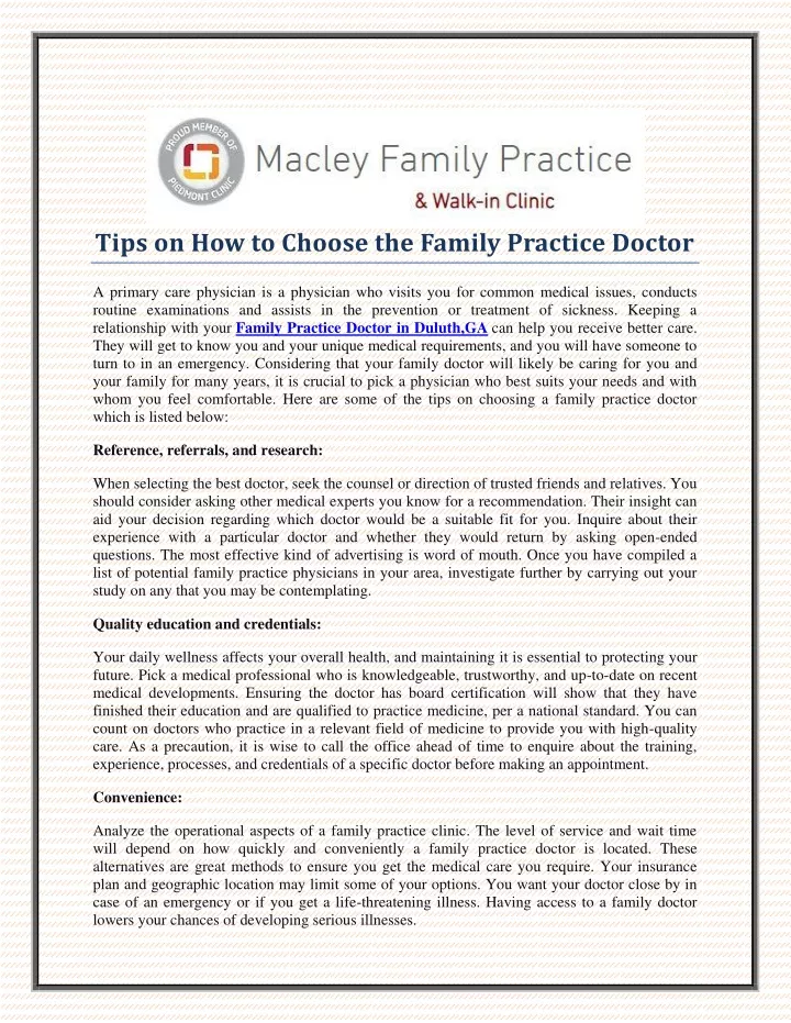 tips on how to choose the family practice doctor
