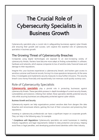 The Crucial Role of Cybersecurity Specialists in Business Growth