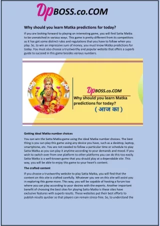 Why should you learn Matka predictions for today?