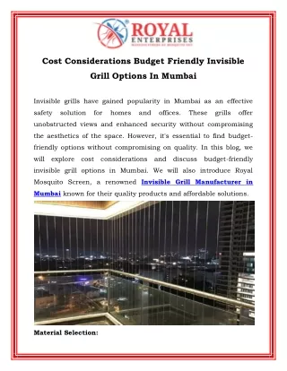 Cost Considerations Budget Friendly Invisible Grill Options In Mumbai