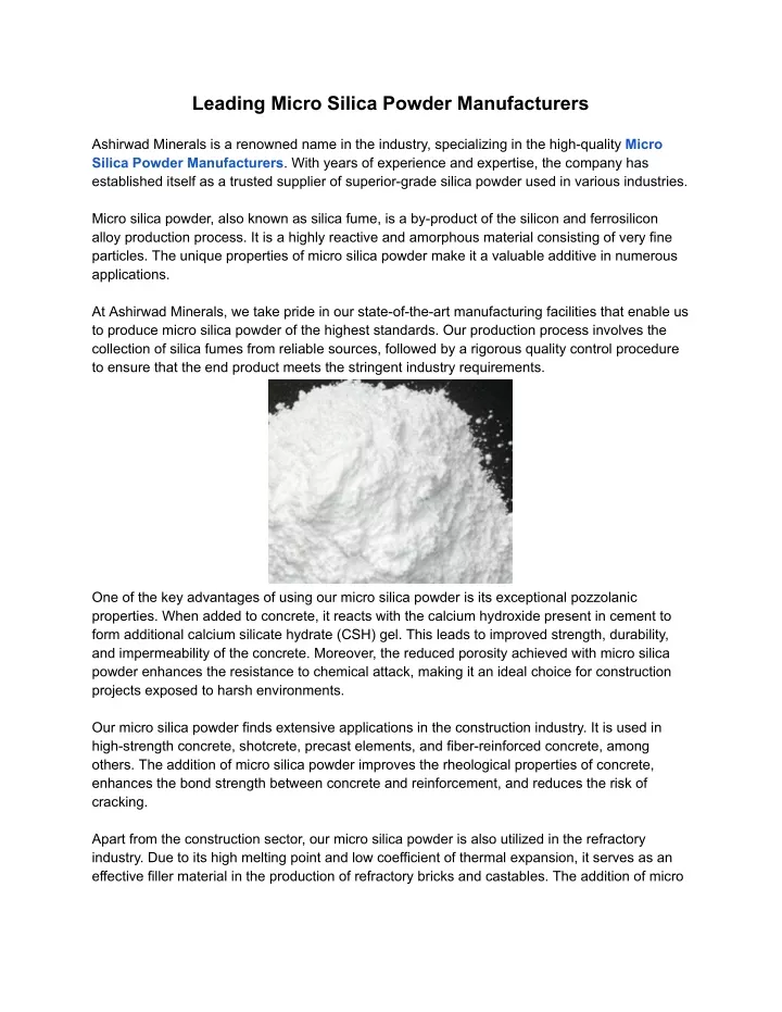 leading micro silica powder manufacturers