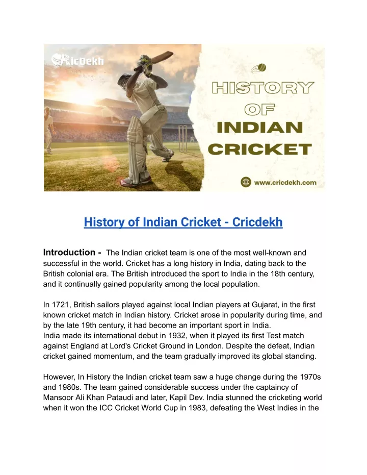 history of indian cricket cricdekh