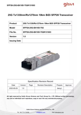 25G Tx1330nm/Rx1270nm 10km BiDi SFP28 Transceiver