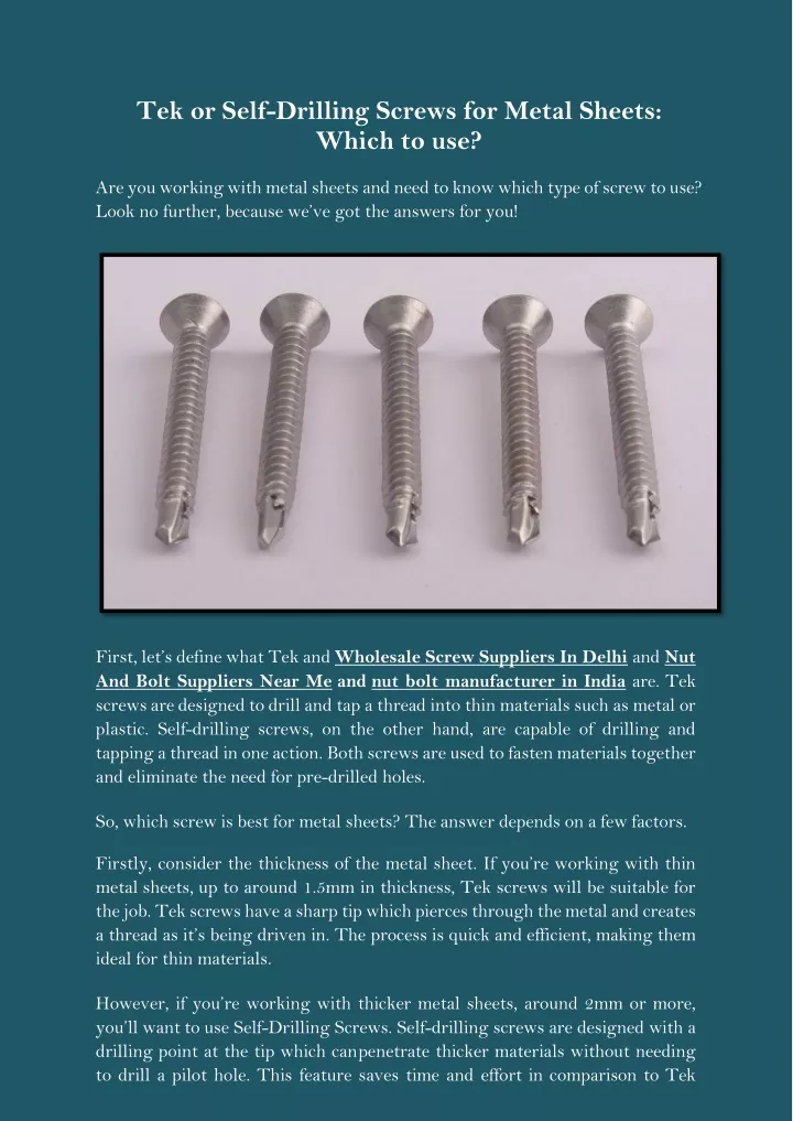 tek or self drilling screws for metal sheets