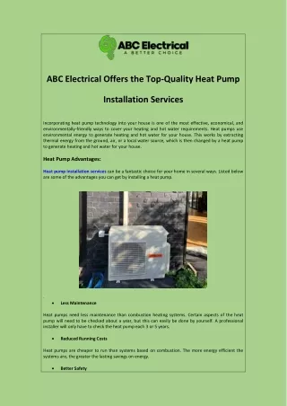 ABC Electrical Offers the Top-Quality Heat Pump Installation Services