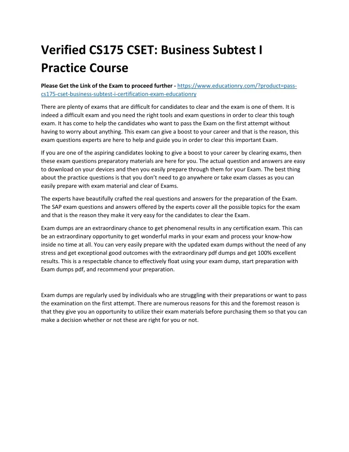 verified cs175 cset business subtest i practice