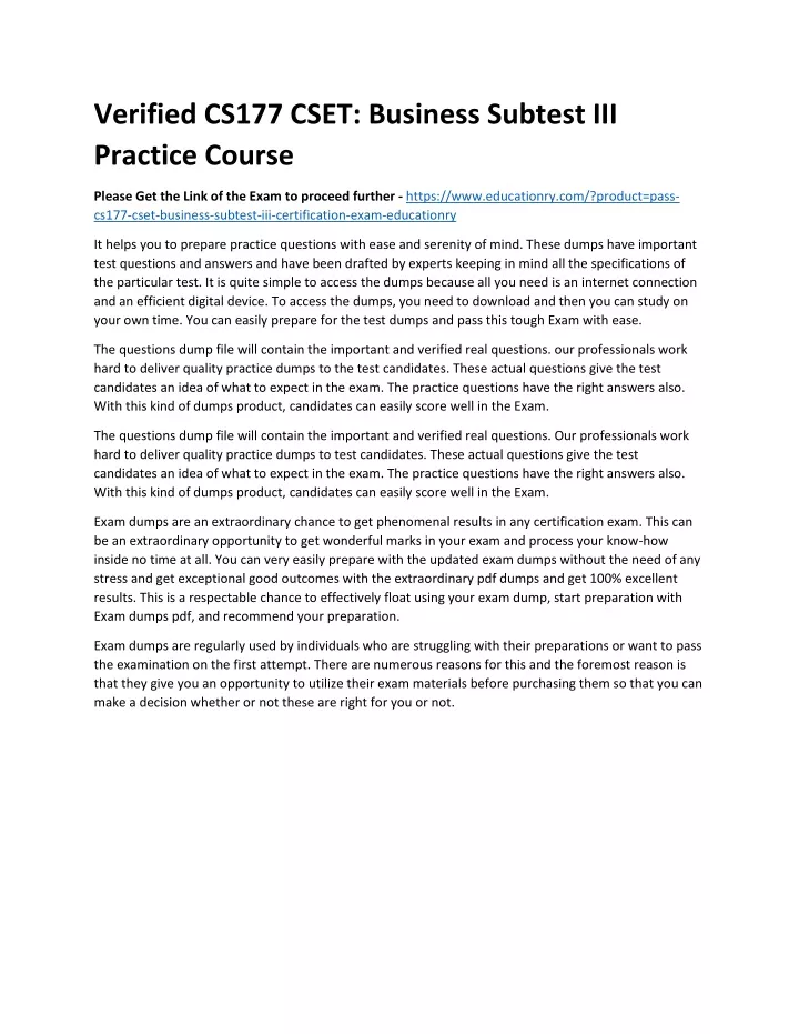 verified cs177 cset business subtest iii practice