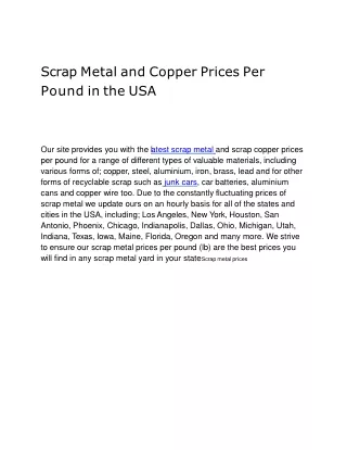 Scrap Metal and Copper Prices Per Pound in the USA