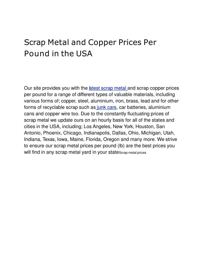 scrap metal and copper prices per pound in the usa