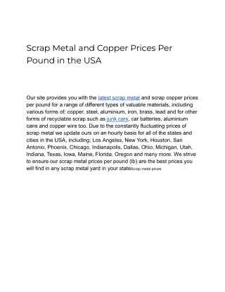 Scrap Metal and Copper Prices Per Pound in the USA
