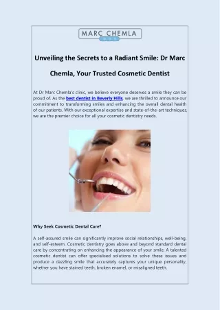Unveiling the Secrets to a  Smile: Dr Marc Chemla, Your Trusted Cosmetic Dentist