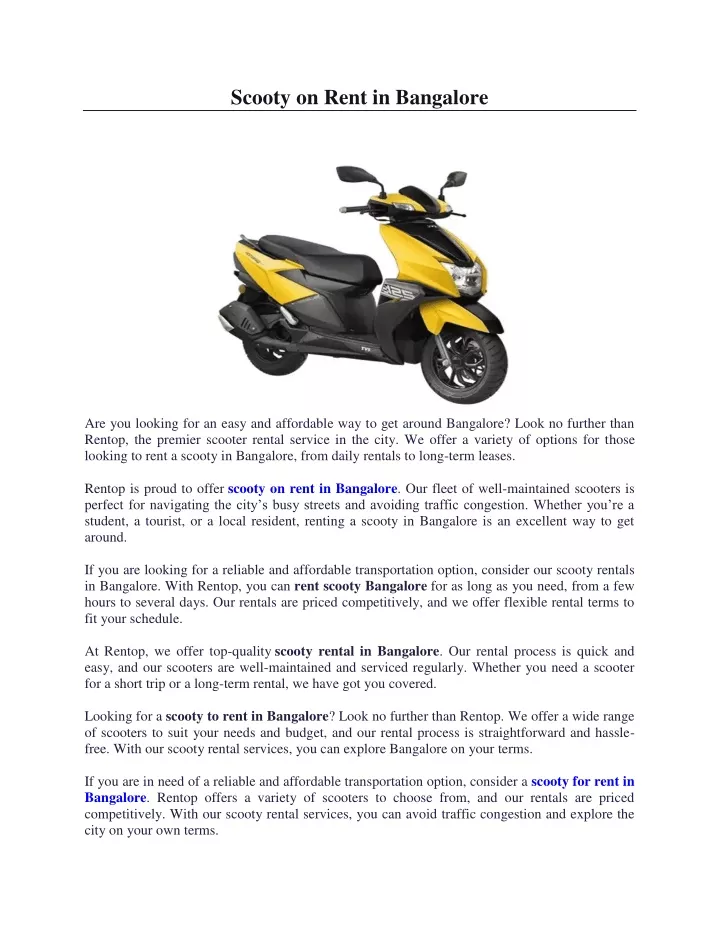 scooty on rent in bangalore