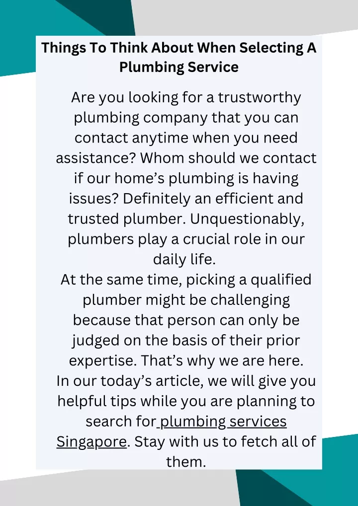 things to think about when selecting a plumbing